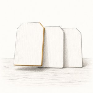 立てて並ぶ3枚の無地の木札。手前の1枚だけ縁が色づいている線画