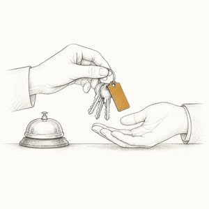 事務所のカウンター越しに鍵束を差し出している手元の線画