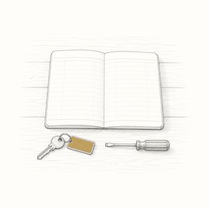 机の上に開いた通帳と鍵1本と小さなドライバーが置かれた線画