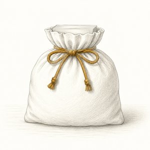 紙幣を入れた巾着袋の口が、金茶の紐で結ばれている線画