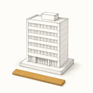 1棟だけ立つ会社ビルの模型と、その足元に置かれた無地の物差しの線画