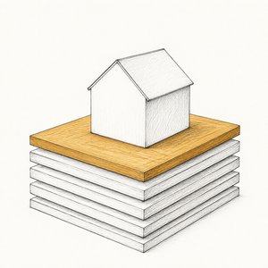 同じ厚さの木の板を何枚も重ねた上に家の模型が載り、いちばん上の板だけが金茶の線画