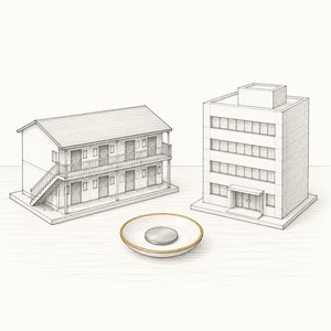 アパートの模型と会社ビルの模型が並び、その間の小皿に硬貨が1枚載っている線画