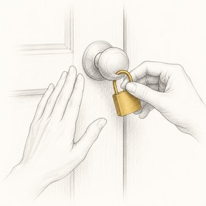 玄関のドアノブに金茶の錠前を取り付けようとする手を、もう一方の手が押しとどめている線画