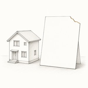 家の模型の脇に、隅が破れた無地の証書が1枚立てかけられている線画