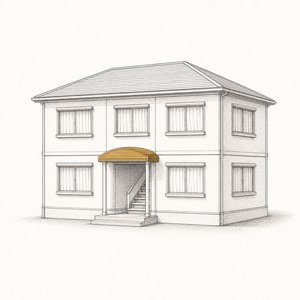 すべての窓にカーテンが掛かった2階建てアパートの模型の線画