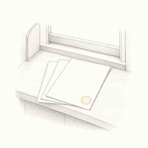 同じ無地の書面が3枚少しずらして重なり、いちばん上に金茶の丸い印影が押されている線画