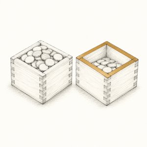 同じ大きさの木の升が2つ並び、右の升だけ硬貨が少ない線画