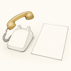 受話器を取り上げた固定電話の横に、無地の契約書が置かれている線画