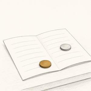 無地の返済予定表の上に硬貨が2枚置かれ、手前の1枚が金茶の線画