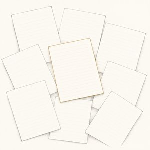 机の上に無地の書類が散らばり、そのうちの1枚だけが金茶の線画