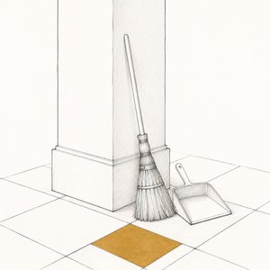 建物の入口に箒とちりとりが立てかけられ、床の一角だけが金茶の線画