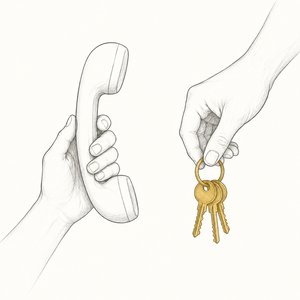 片手に受話器、もう片方の手に鍵束を持っている手元の線画