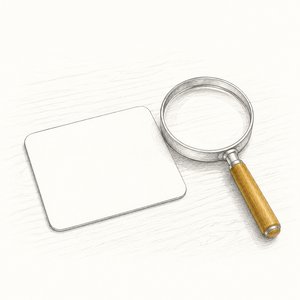 1枚のカード状の板と、その脇に置かれた虫めがねの線画