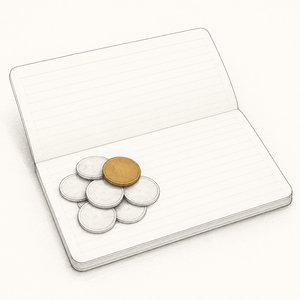 開いた通帳の上に硬貨が数枚重ねて置かれ、いちばん上の1枚だけが金茶の線画