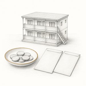 アパートの模型の手前に、硬貨を入れた小皿が1枚と無地の封筒が2通並んでいる線画