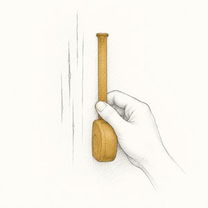 壁のひっかき傷に金茶の巻尺を当てている手元の線画