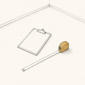家具のない部屋の床に、無地の用紙をはさんだバインダーと巻尺が置かれている線画