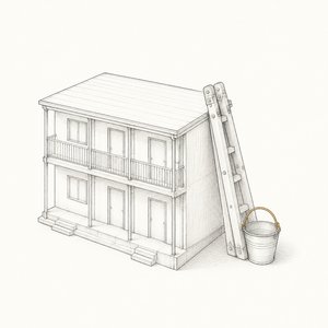 アパートの模型の脇に脚立とブリキのバケツが置かれている線画