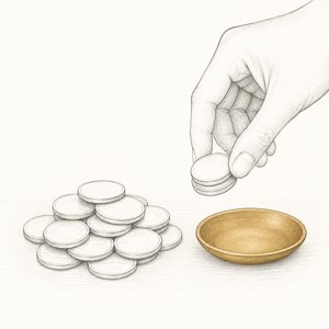 硬貨の山から小皿へ硬貨を数枚取り分けている手元の線画