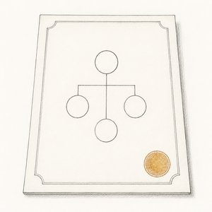小さな家系図が印刷された1枚の証明書。隅に金茶の印影がある線画