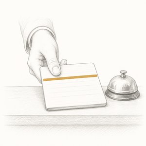 銀行のカウンター越しに通帳を差し出している手元の線画