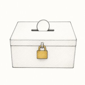 投入口に硬貨が落ちかけている貯金箱に、金茶の南京錠がかかっている線画
