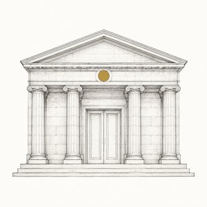 柱の並んだ石造りの建物の正面。扉の上の紋章だけが金茶の線画