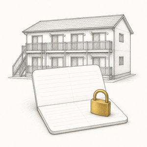 アパートの模型の手前に開いた通帳があり、金茶の南京錠が載っている線画