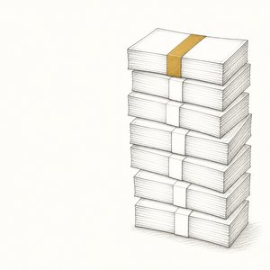 紙幣の束が片側に高く積まれている線画