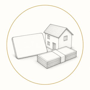 家の模型と通帳と紙幣の束が、金茶の円で囲まれている線画