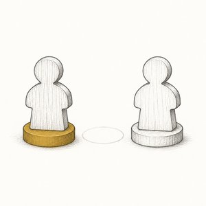 人の形の駒が2つ並び、間に駒の跡だけが残る線画