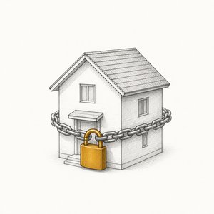 家の模型に鎖が巻かれ、金茶の南京錠がかかっている線画