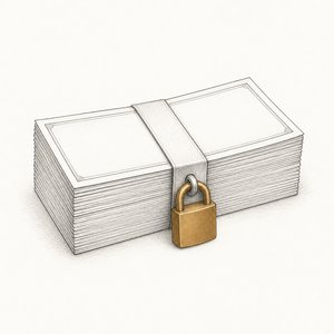 紙幣の束に、金茶の南京錠がかかっている線画
