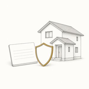 小さな盾の後ろに、通帳と家の模型が置かれている線画