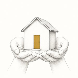 家の模型を両手で差し出す手元の線画