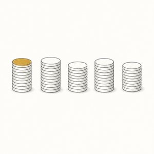 硬貨の小さな山が5つ横に並ぶ線画