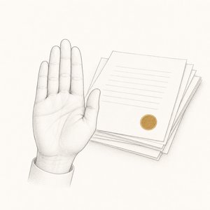 借用書の束の手前で、手のひらをこちらに向けて止める手元の線画