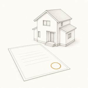 家の模型の手前に、登記の書類がある線画