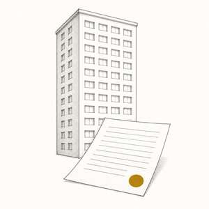 高層マンションの模型と、その手前の借用書の線画