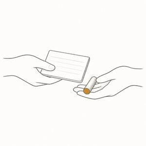 大人の手が、通帳と印鑑を若い手に手渡している線画