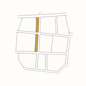 区画割りの地図の線画。道路のうち1本だけが金茶
