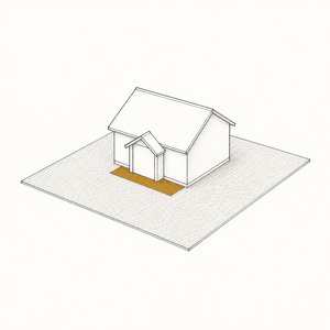 家の模型の足元の小さな一角だけが金茶の土地の線画