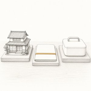 家の模型・通帳・手提げ金庫が別々の台に載っている線画