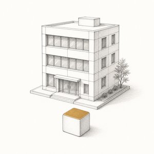 3階建てのビルの模型と角印の線画