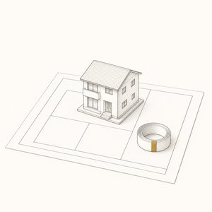 土地の区画図の上の家の模型と巻尺の線画