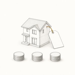 下げ札の付いた家の模型と、3つに分けた硬貨の山の線画