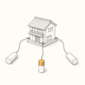 1軒の家の模型から3本の紐が3本の印鑑につながる線画