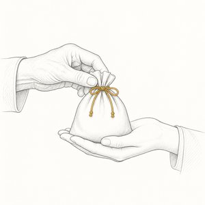 年配の手から若い手へ巾着袋を渡している線画