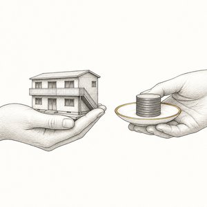 集合住宅の模型を受け取る手と、硬貨を積んだ小皿を差し出す手の線画